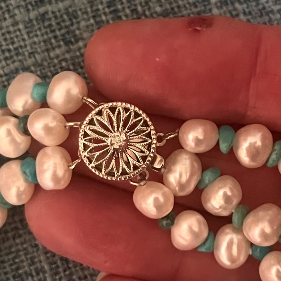 Rare Fresh Water Pearls & Turquoise Three Strand Necklace - Picture 8 of 16